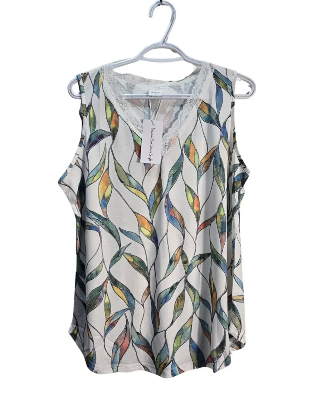 NWT | Abstract Leaf Print Lace Trim V-Neck Sleeveless Tank Top Colorful | Large - Picture 2 of 6